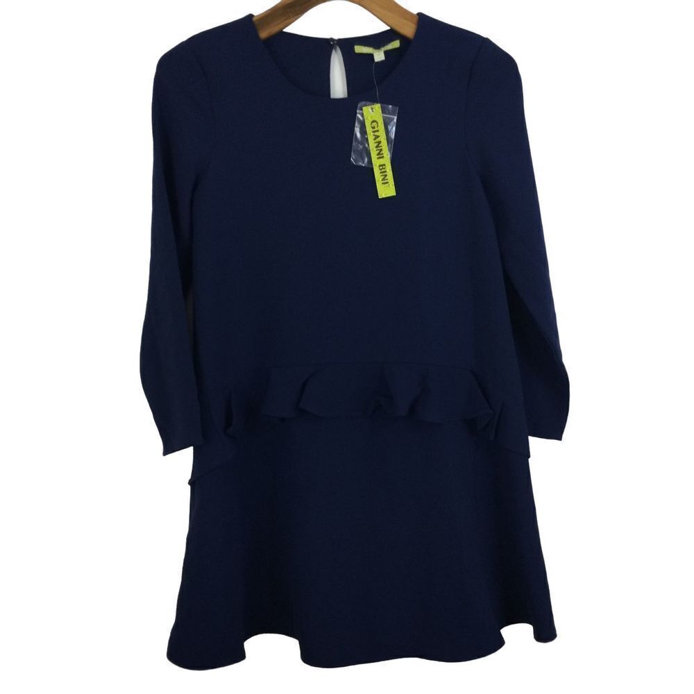 Gianni Bini Womens Greer Drop Waist Long Sleeve Mini Dress Blue Size XS NWT